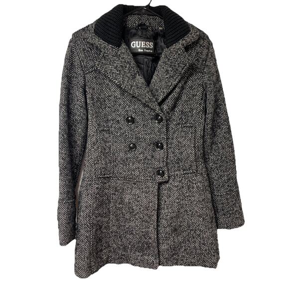 VTG 90s GUESS LA 1981 Wool Blend Double-Breasted Lined Tweed Peacoat WMNS SZ SM - Picture 1 of 16